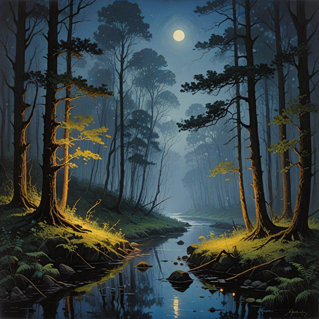 Ethereal Nighttime River Scene in Dreamlike Oil Painting Sty...