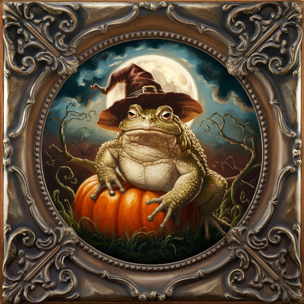 Toad in Witch Hat on Pumpkin, Classical Oil Painting