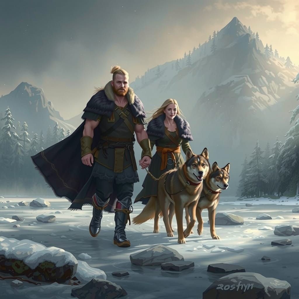 Nordic Couple's Forest Creek Walk: An Oil Painting