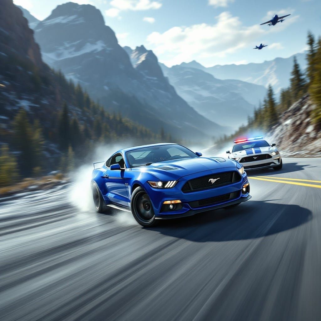 Blue Mustang GT Speeds Down Mountain, Chased by Police Car, ...