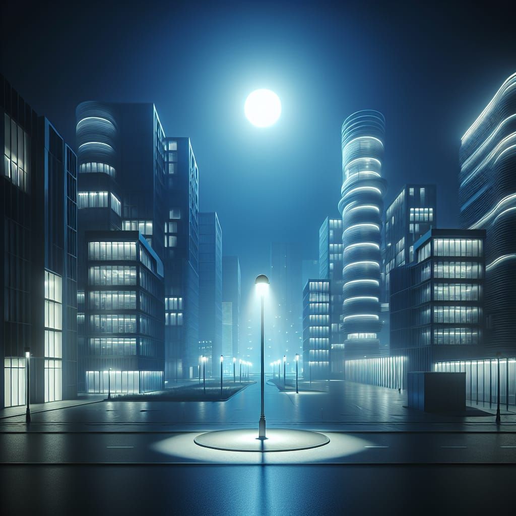 Blue Night: Futuristic Cityscape with Glowing Street Lamp
