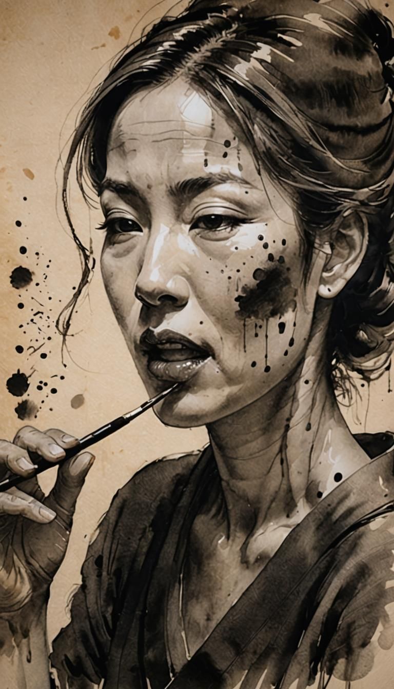 Armless Woman Paints Haiku: Sumi-e Close-Up