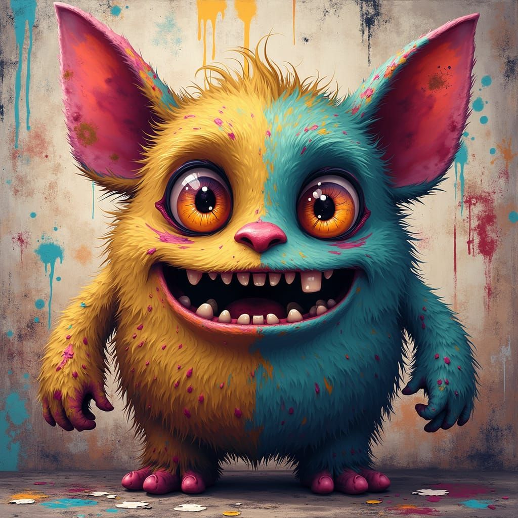 Whimsical Furry Monster with Graffiti Background