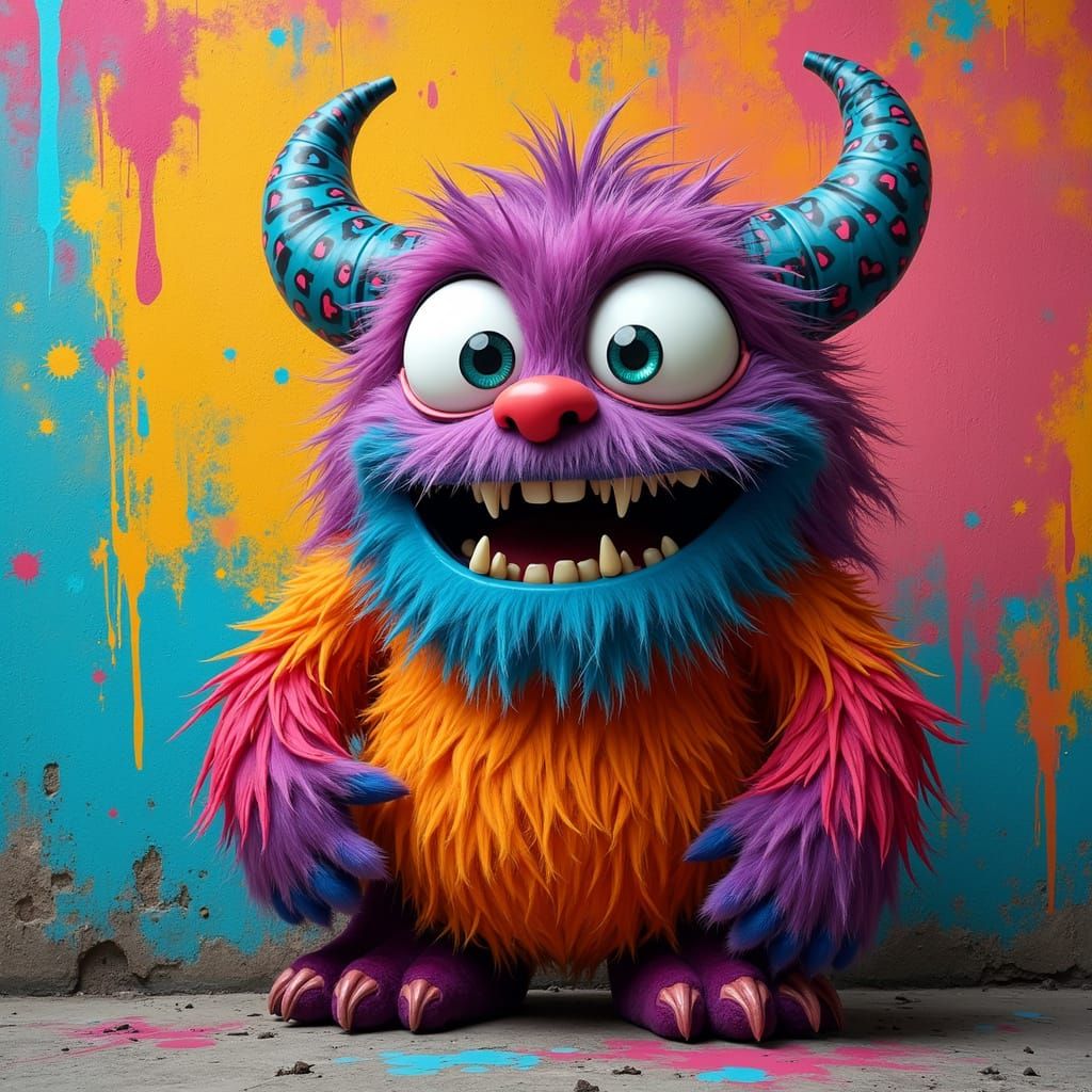 Whimsical Furry Monster with Graffiti Background