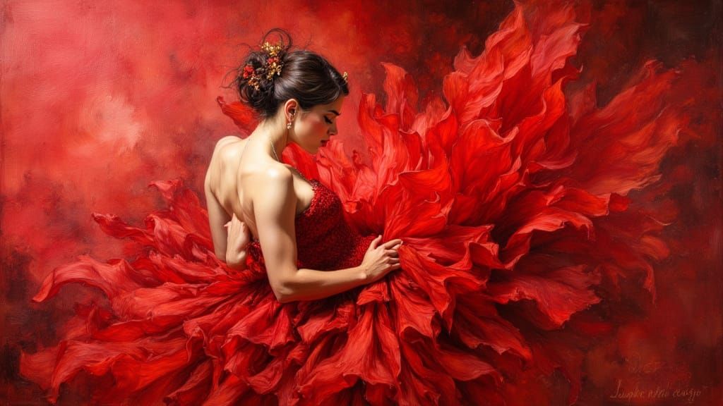 Elegant London Princess in Scarlet, Dry Brush Oil Painting