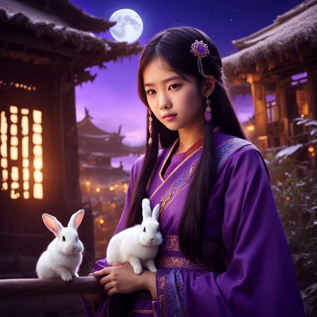 Anime Rabbit Girl in Fantasy Asian Village at Night