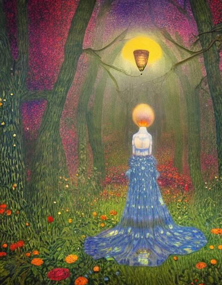 Sunset Woman in Magical Forest, Art Nouveau Style