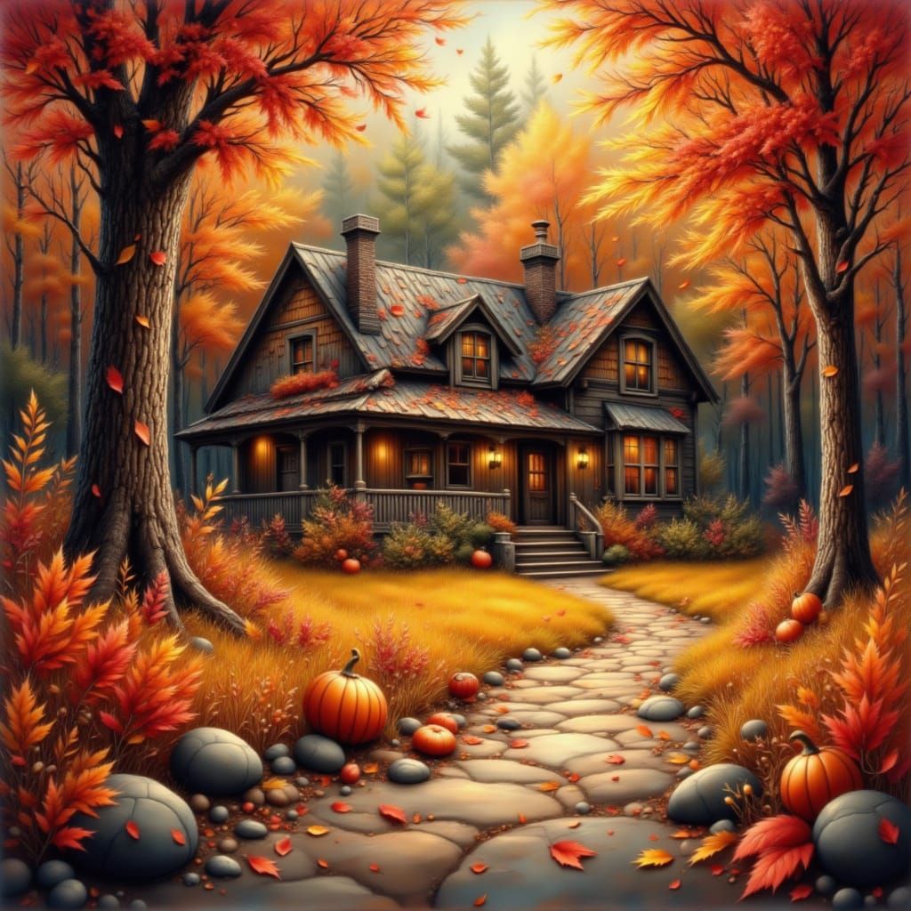 Dreamy Autumn Cottage in Luminous Forest