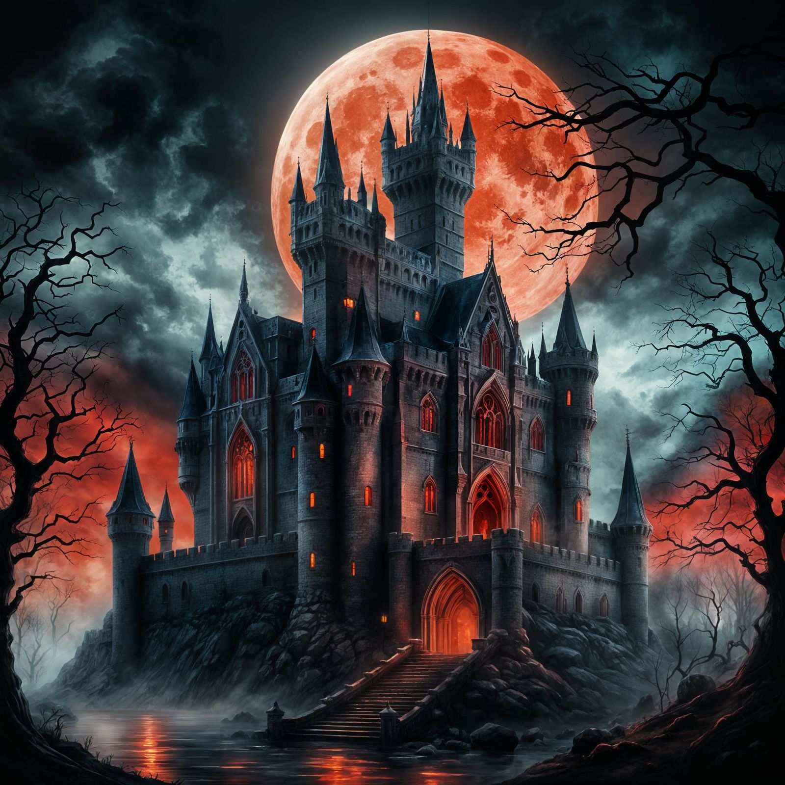 Gothic Castle Bathed in Red Blood Moon