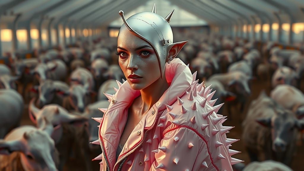 Grotesque Farm Woman in Retrofuturistic Horror