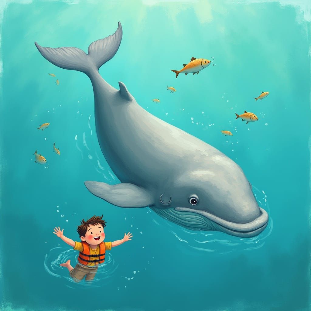 Whimsical Boy and Whale in Turquoise Ocean
