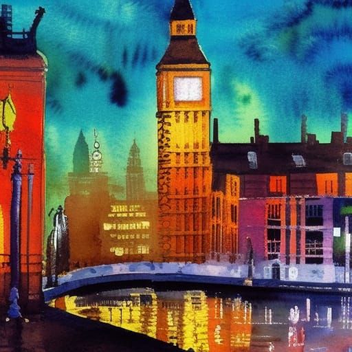 Ethereal London Nightscape in Gouache Style