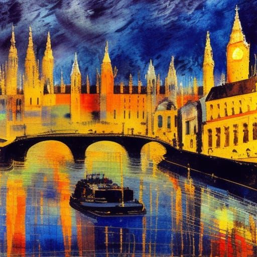 London Evening Lights: Impressionist Gouache Watercolor Pain...