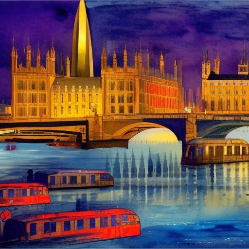 London Evening Impressionist Gouache Painting