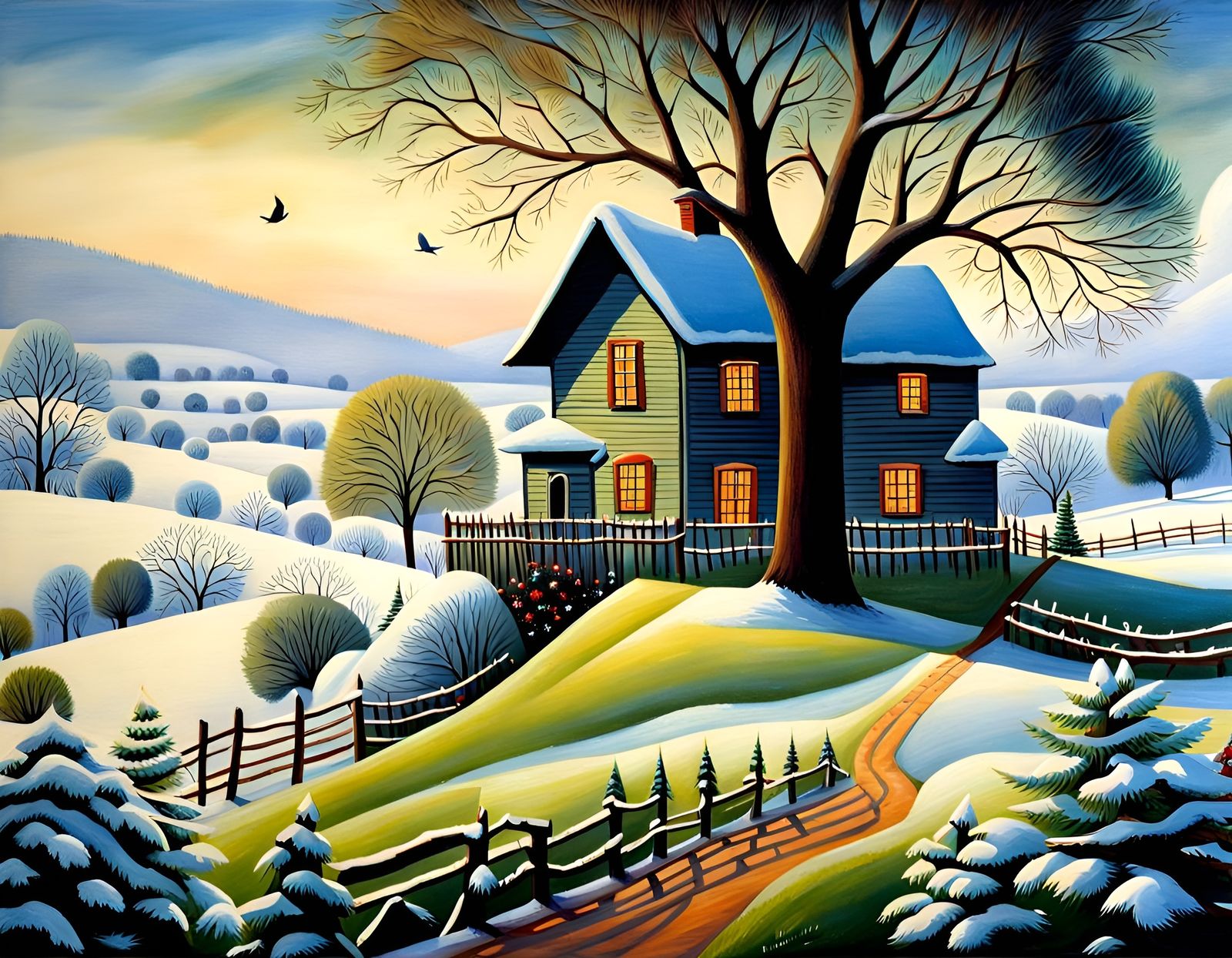 Festive Robin in Winter Village: Naive Art Wallpaper