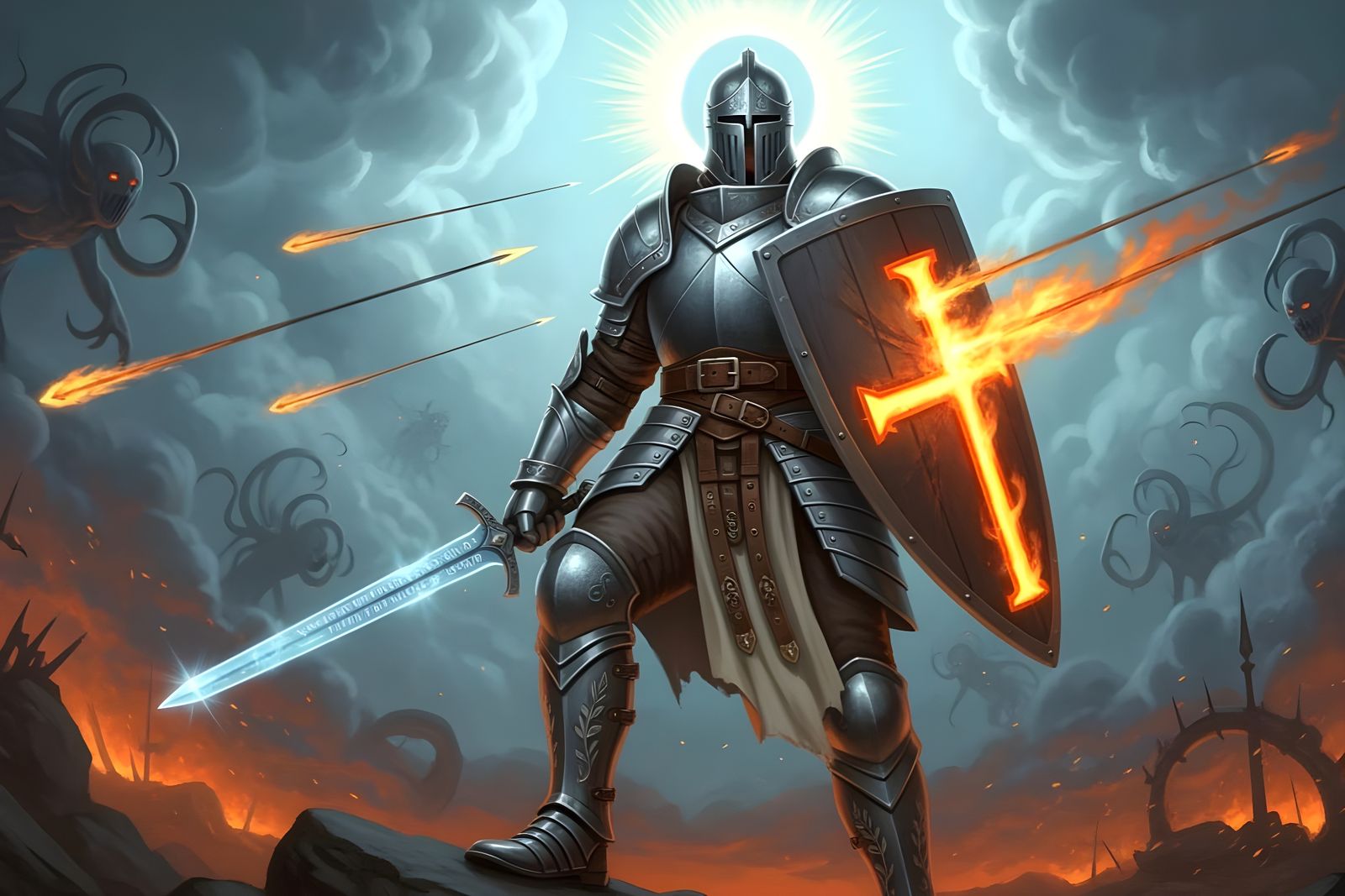 Radiant Warrior in Holy Armor Against Dark Forces