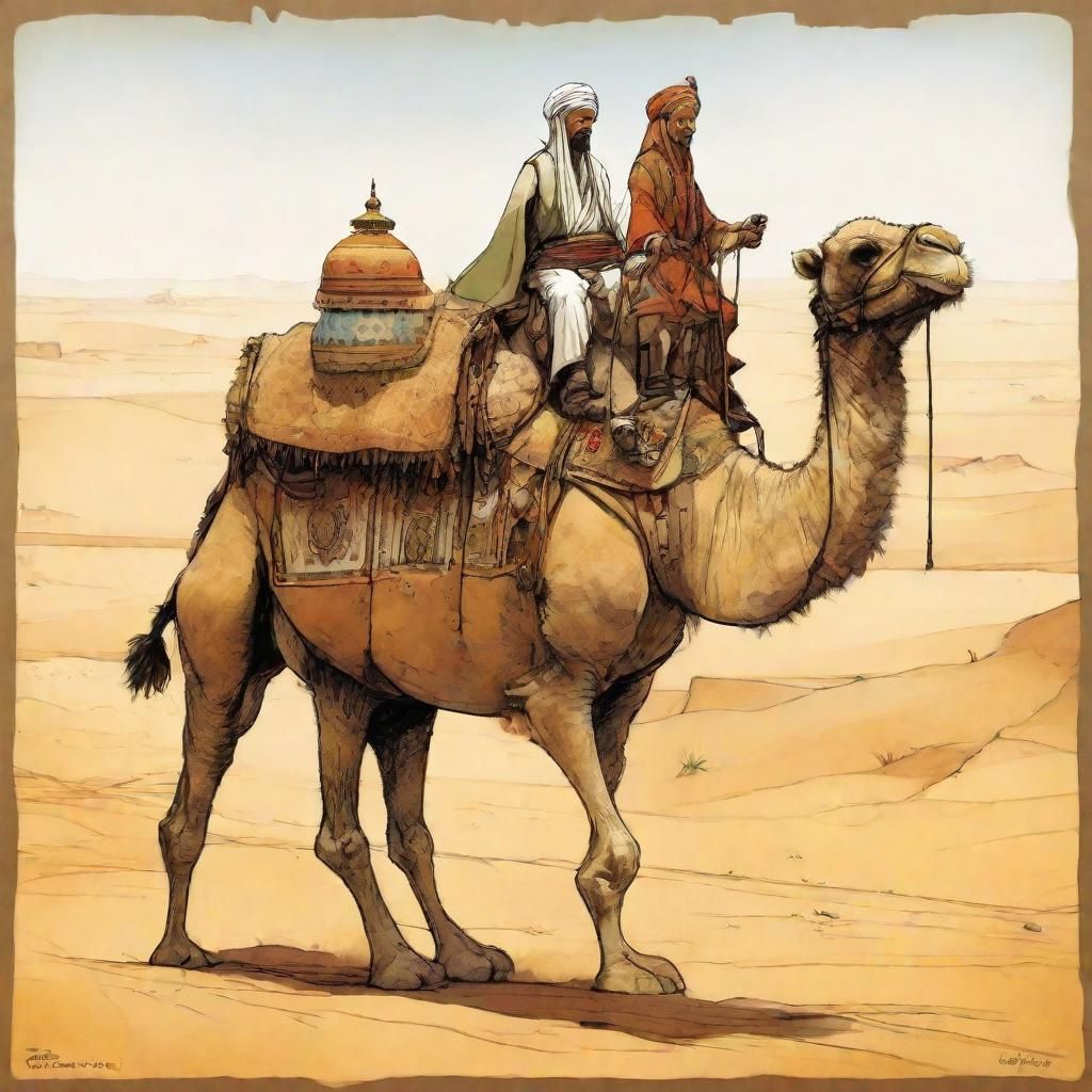 Whimsical Arabian Camel Rider in the Desert