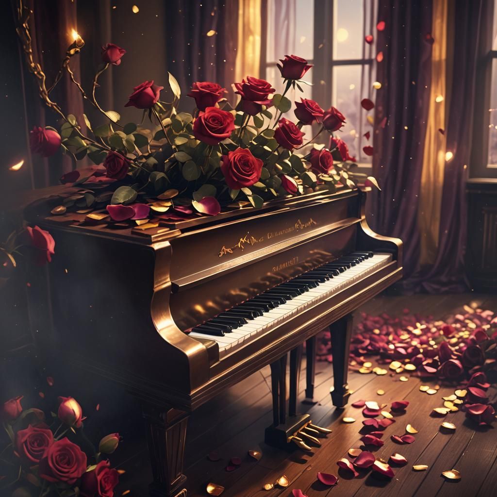 Roses on Piano in Moonlight, Fantasy Concept Art