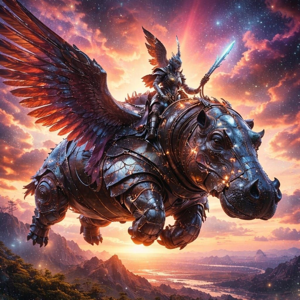 Flying Hippo Warrior in Breathtaking Sunset
