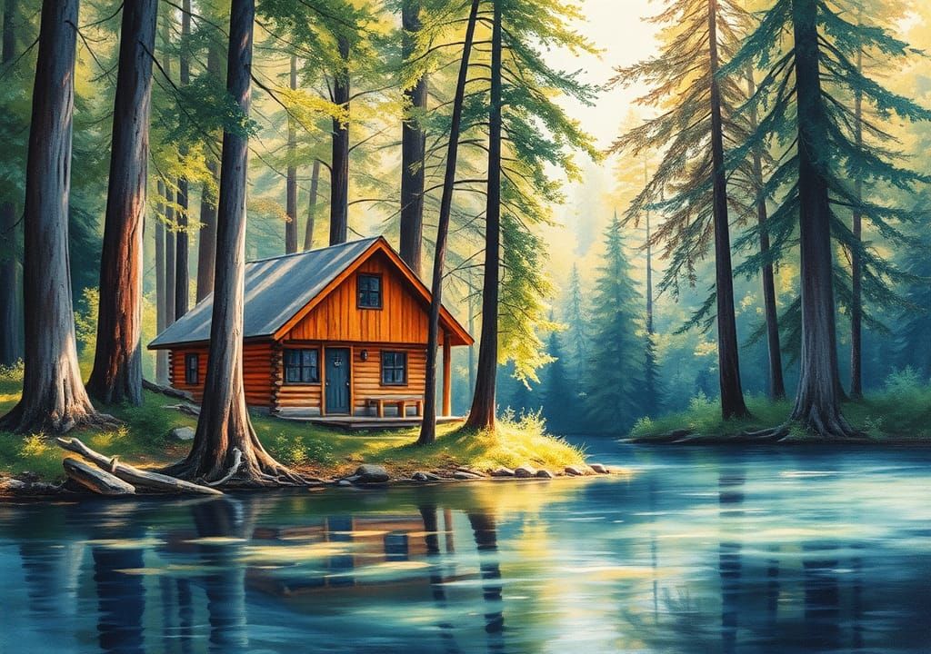 Forest Cabin by Lake in Impasto Watercolor Style