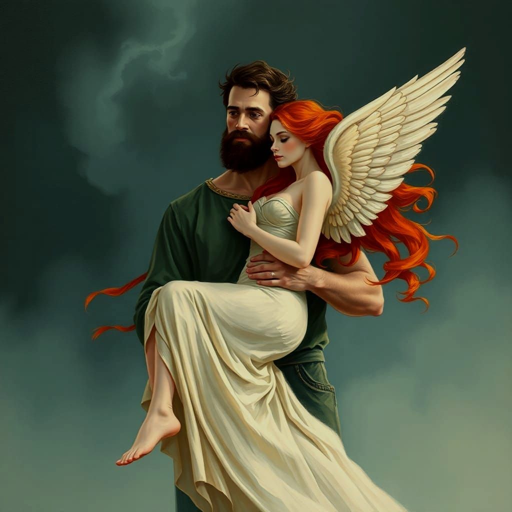 Bearded Man Holds Red-Haired Angel in Love