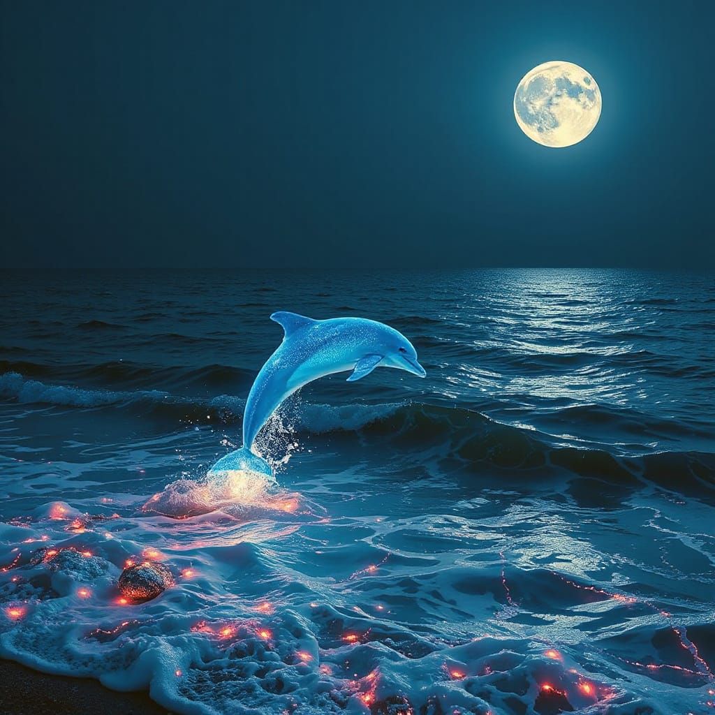 Luminescent Dolphins Under Astral Moonlight, Holographic Ill...