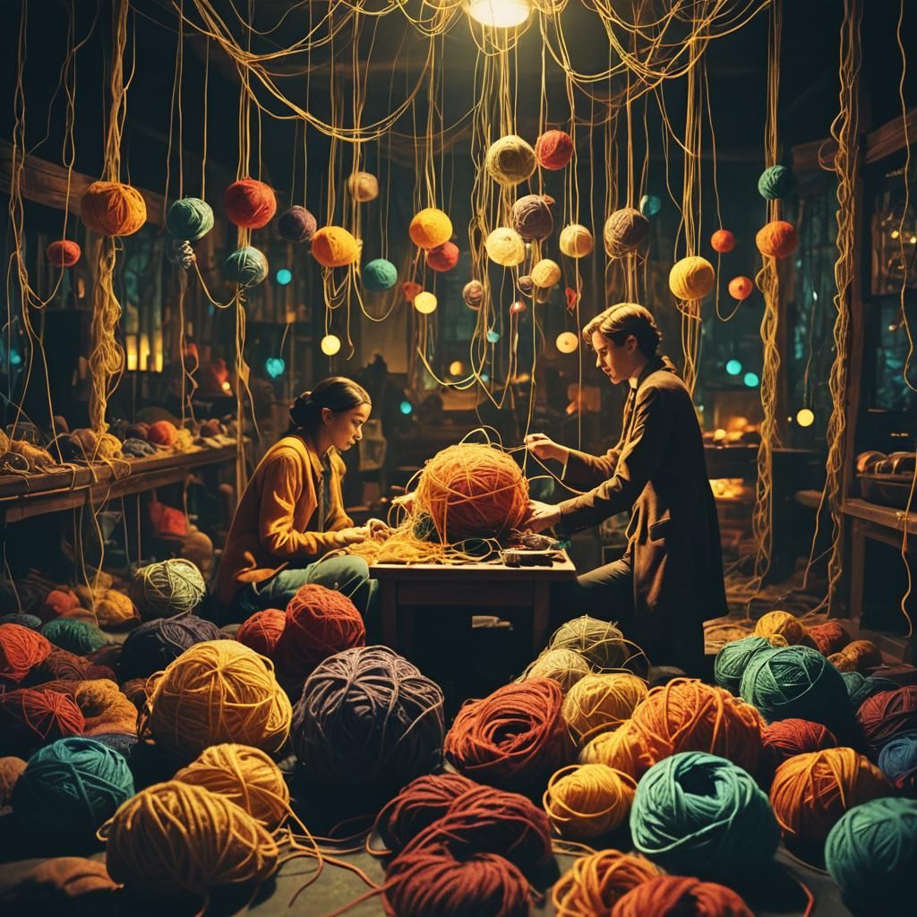 Robotic Arachnid People Gather Yarn in Mystical Chamber