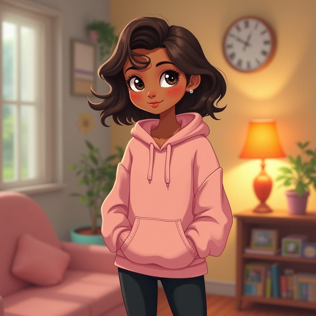 Freckled Woman in Pink Hoodie: Whimsical Digital Art