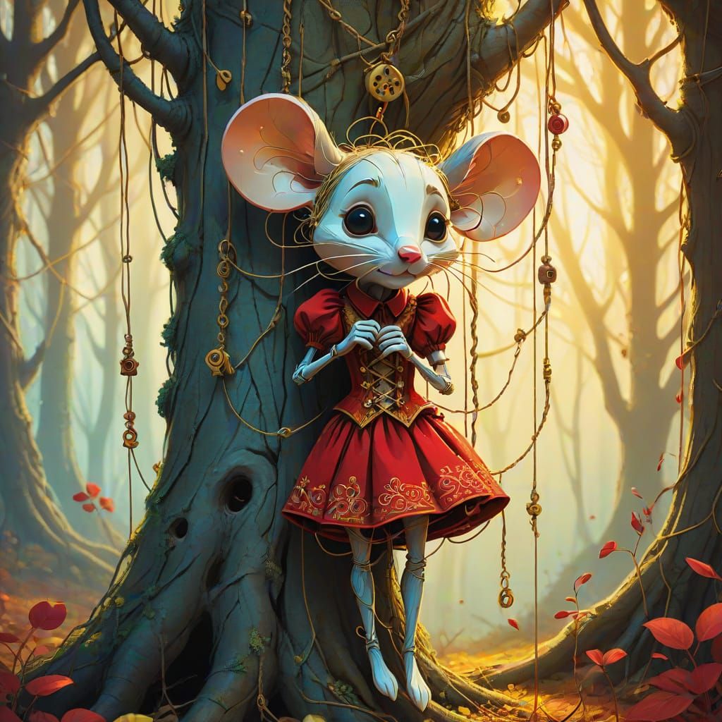 Marionette Mouse Hiding in Forest, Surreal Digital Art