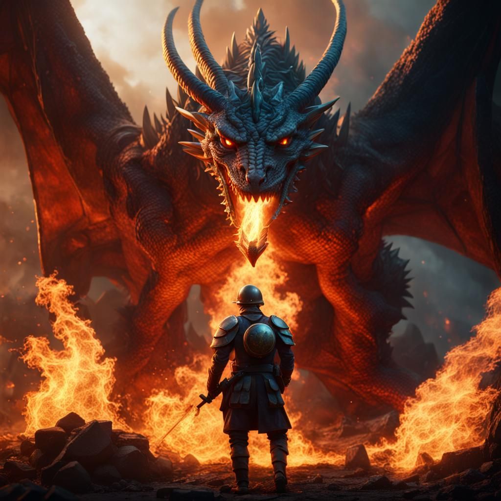 Dragon's Fire: Soldier's Defense in Detailed Matte Painting