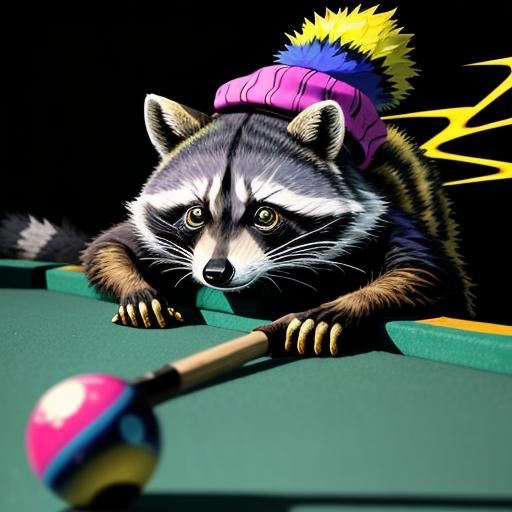 Raccoon Cat with Gold Cue in Neon Graffiti Style