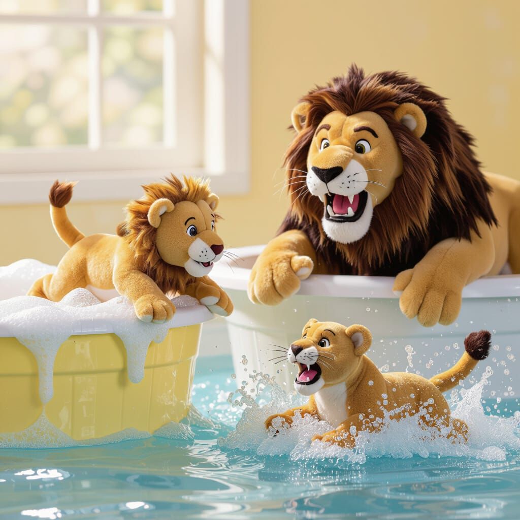 Plush Lions in Dramatic Scene: Fear and Reassurance