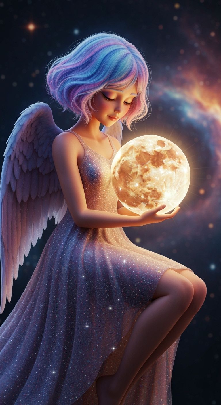Angelic Girl with Moon in Walnut Wood Sculpture