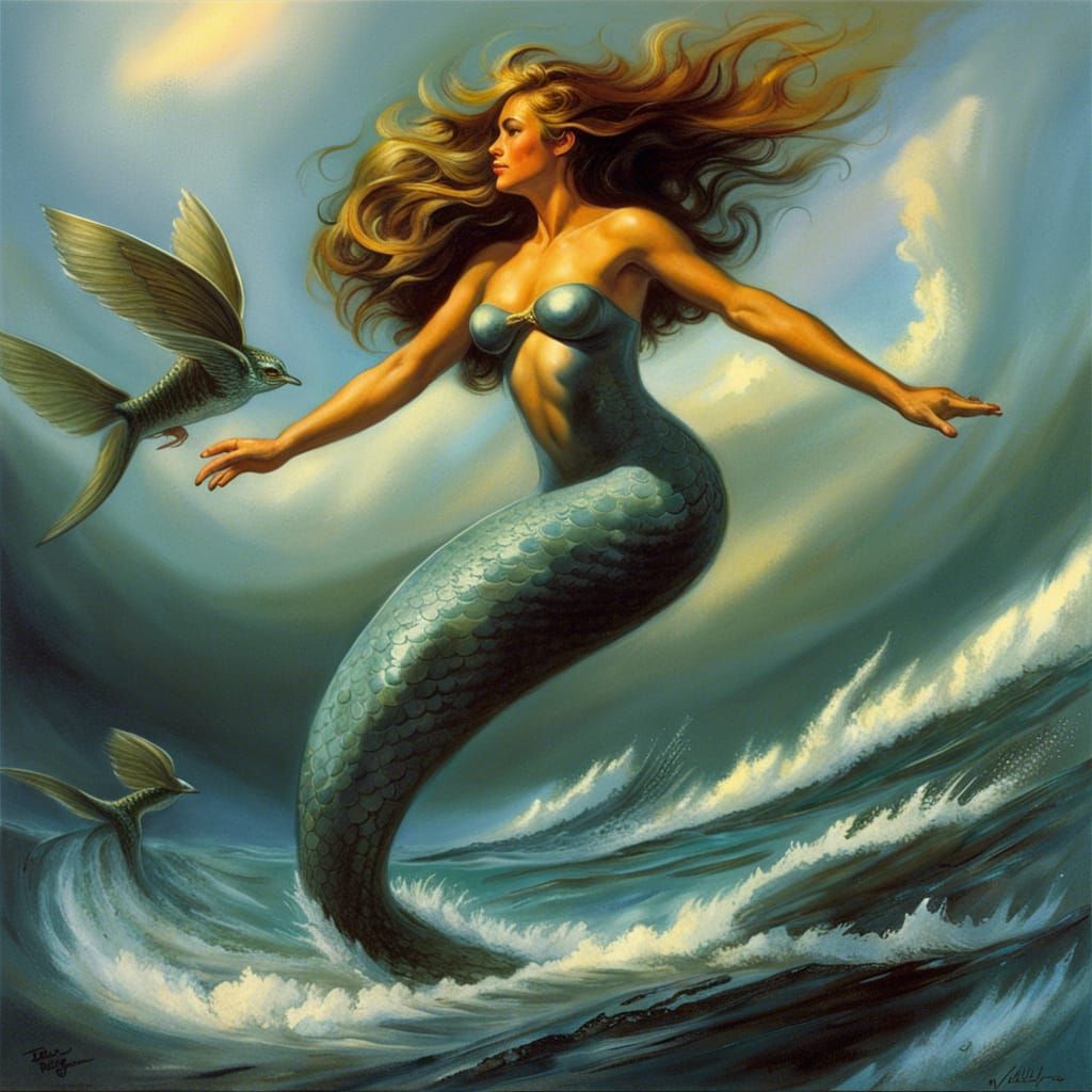 Flying Mermaid in Classic Fantasy Illustration Style