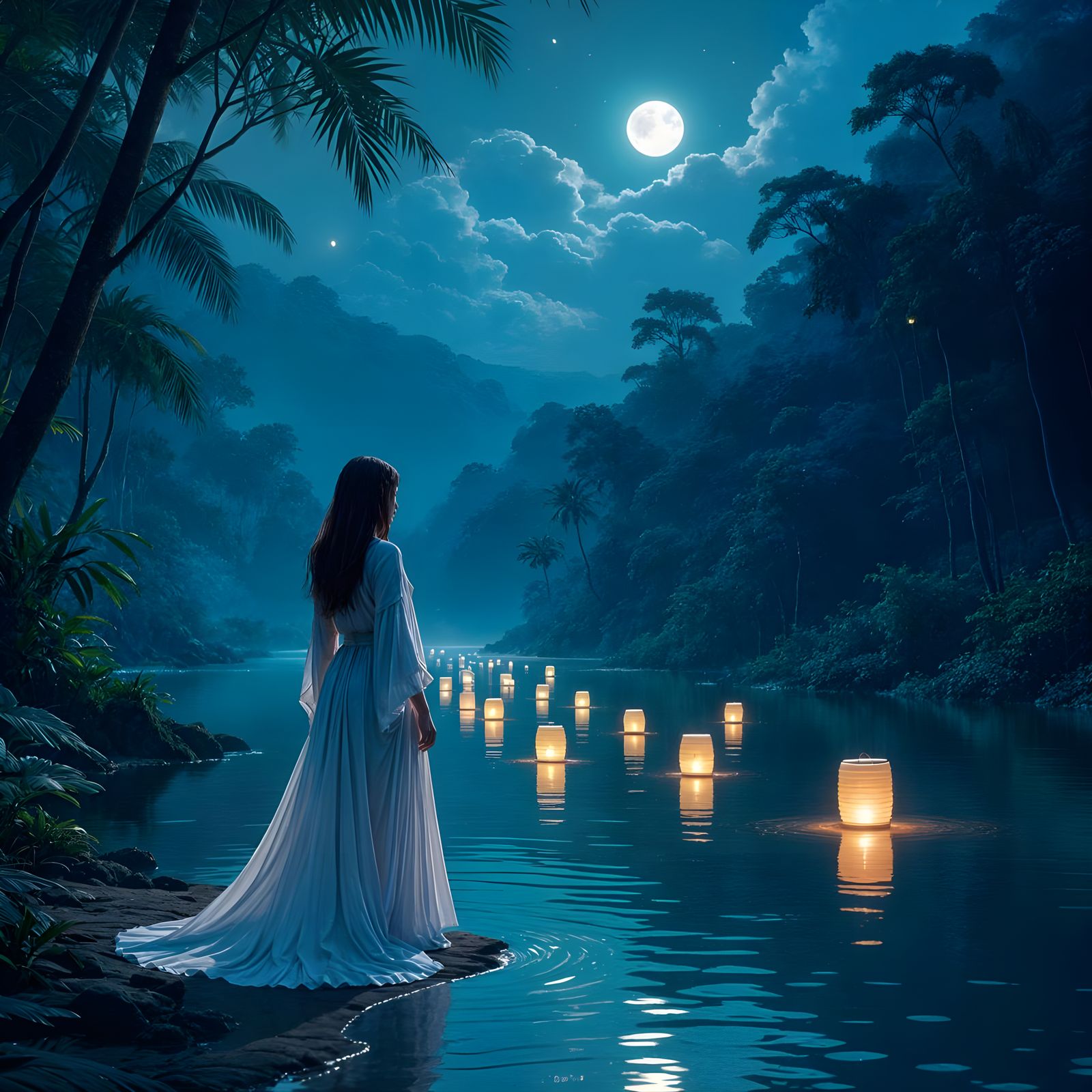 Lanterns Float on Rainforest River at Night