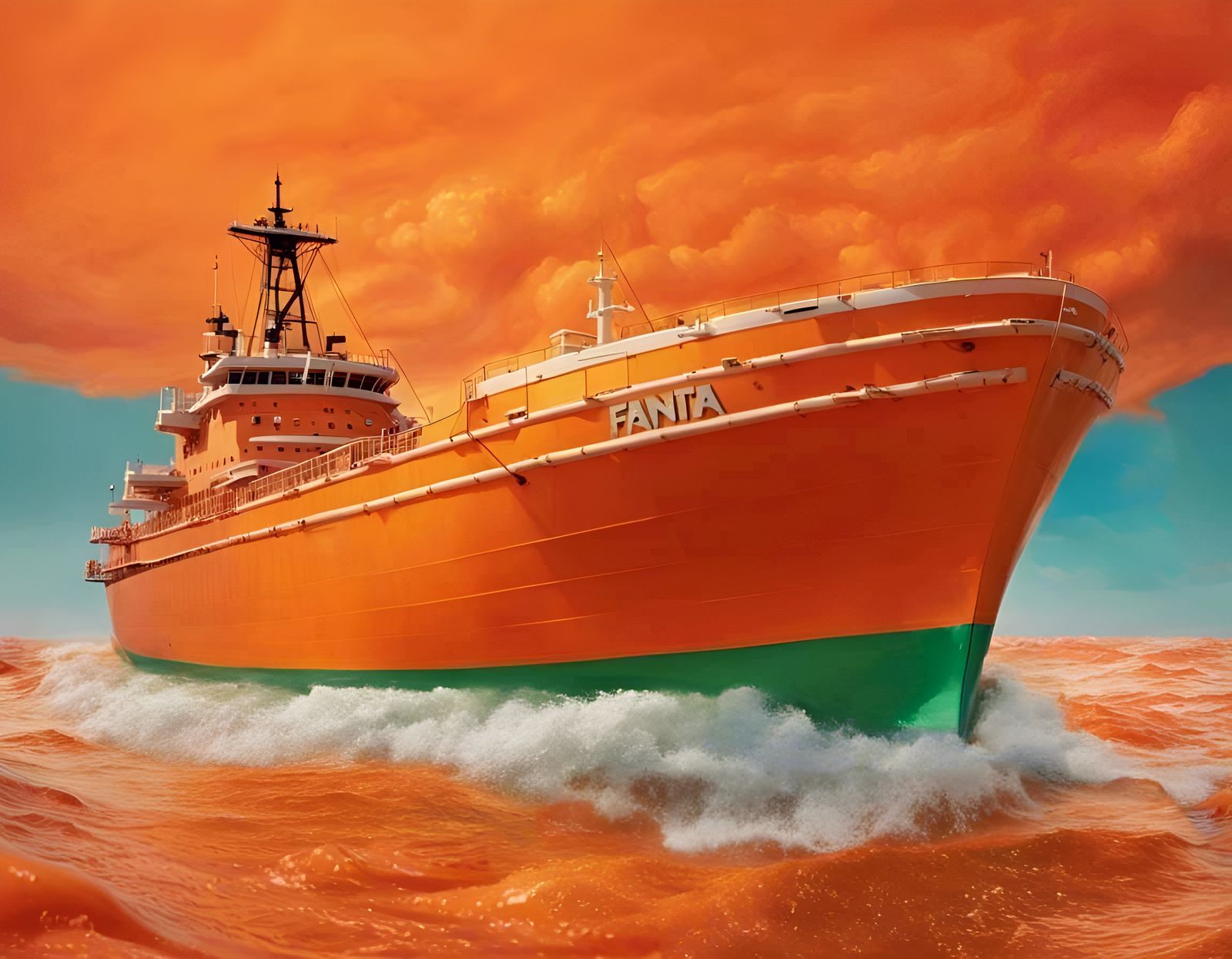 Orange Ship Sails on Soda Sea, Detailed Photo