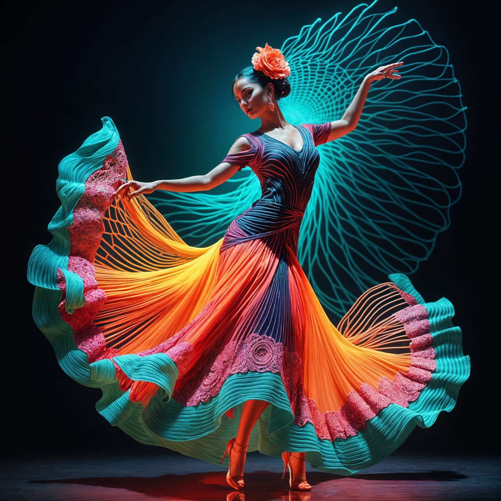 Flamenco Dancer in Organic 3D Mesh with Neon Accents