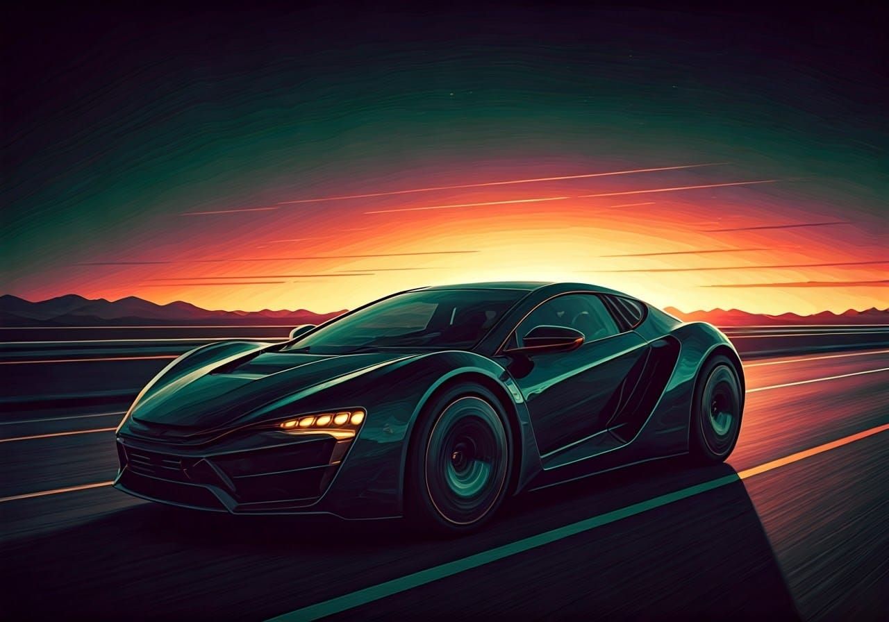 Futuristic Traveler on Highway to Midnight Sun