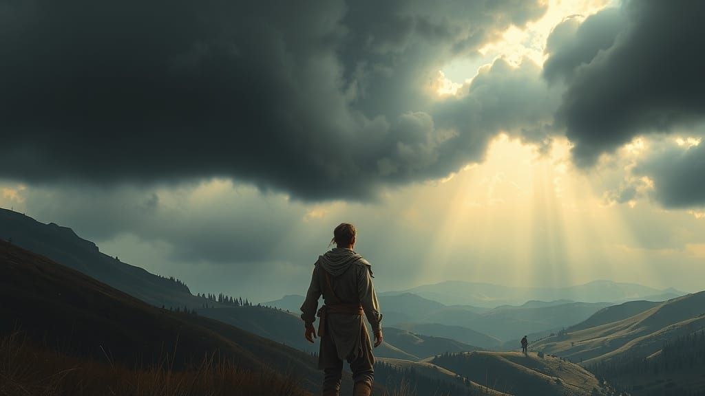 Farmer Gazes at Stormy Sky on Windswept Hills
