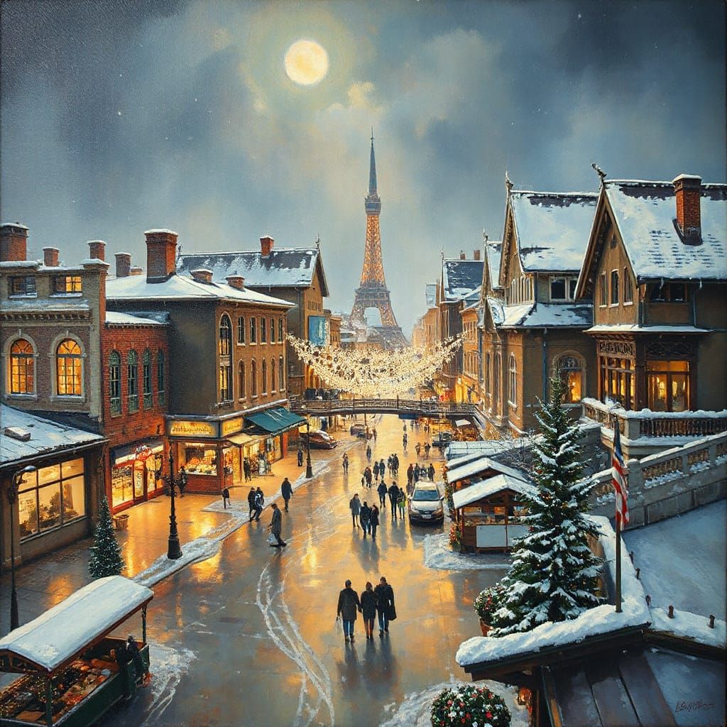 Snowy City Square in Oil Paint Style