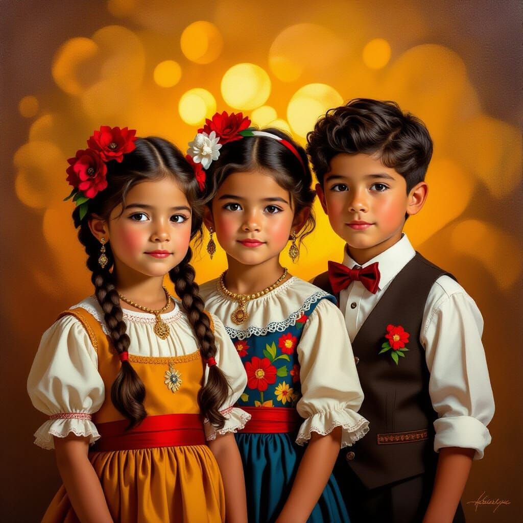 Elegant Children in Golden Light, Ultra-Realistic Portrait