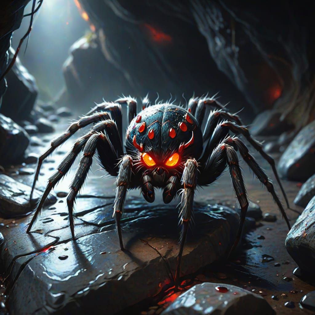 Hyper-Realistic Spider in Dark Cave