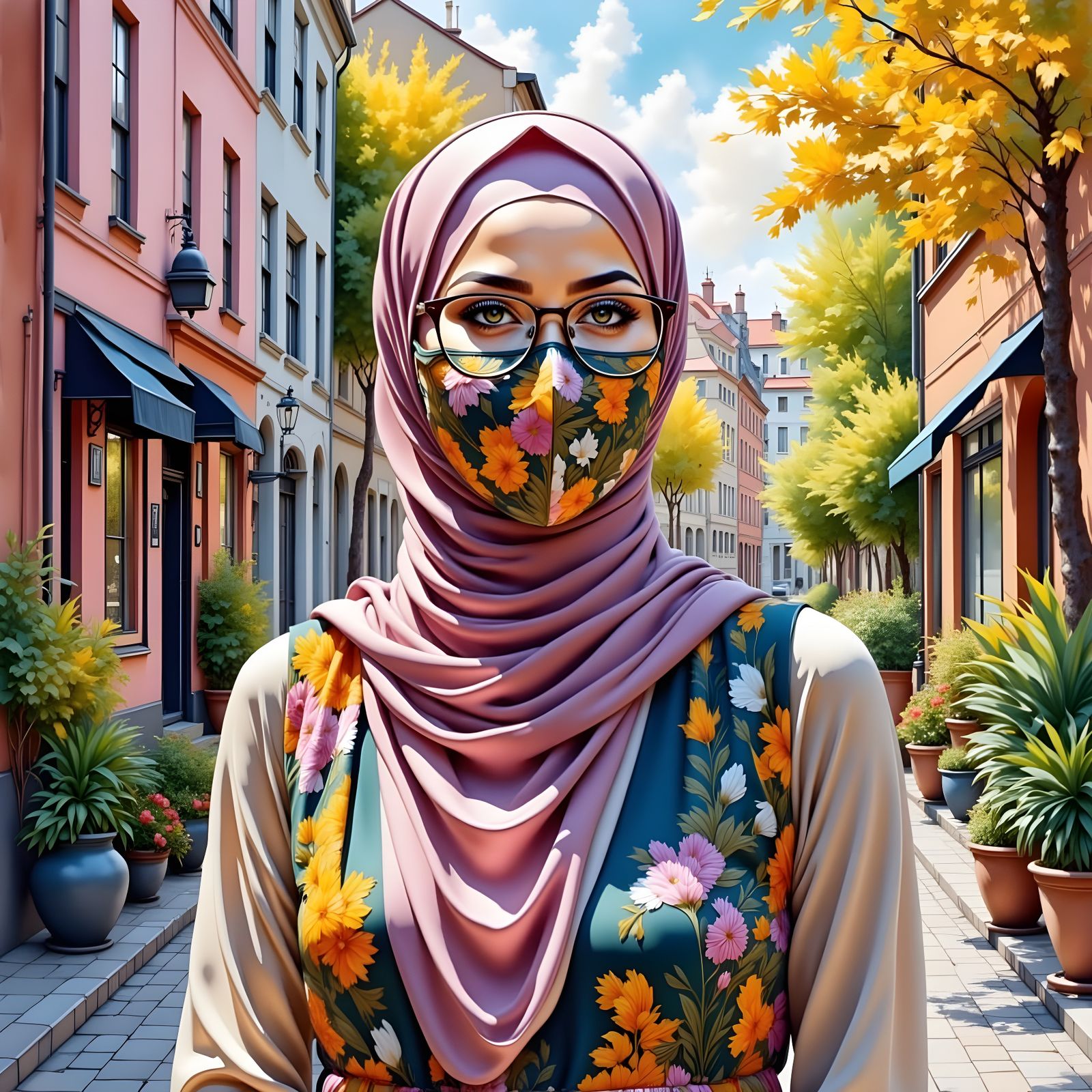 Modest City Explorer in Hijab - Painterly Style
