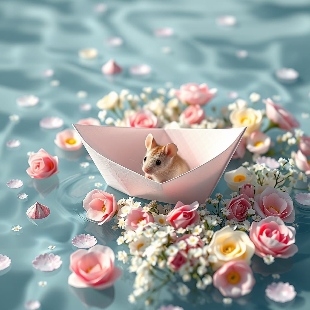 Whimsical Origami Boat Amidst Fantasy Flowers and Mouse