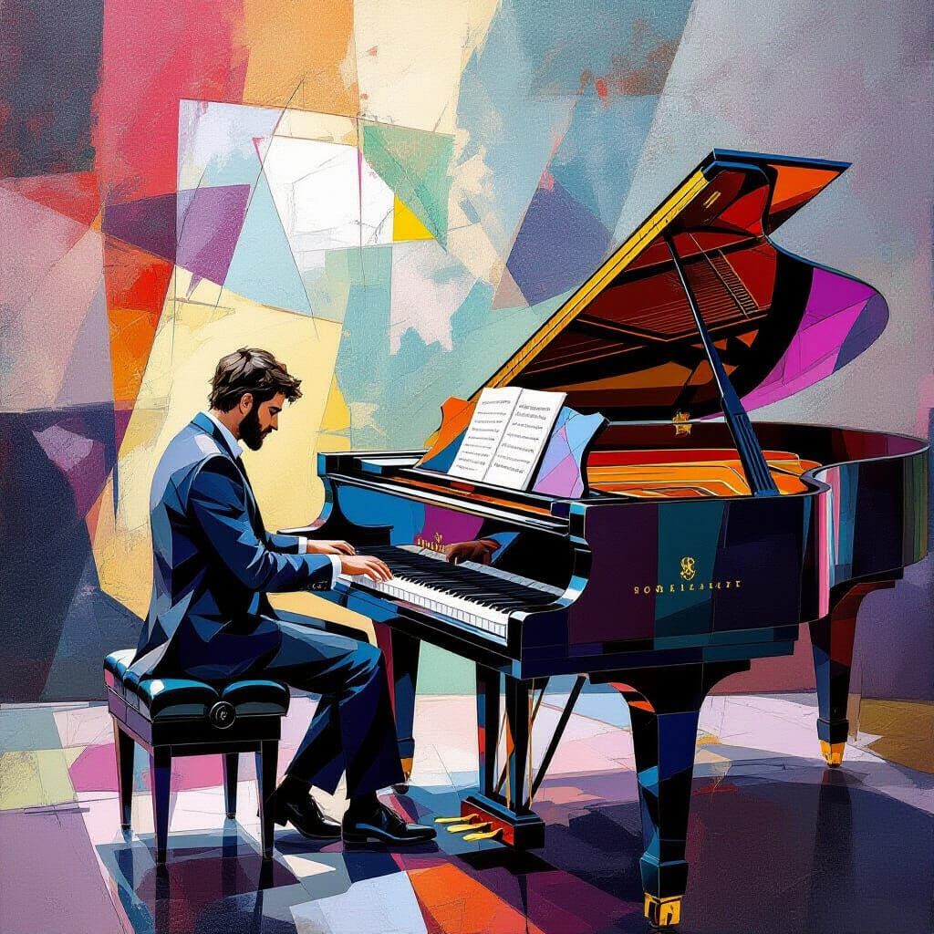 Musician Distorts Reality at Grand Piano in Cubist Style