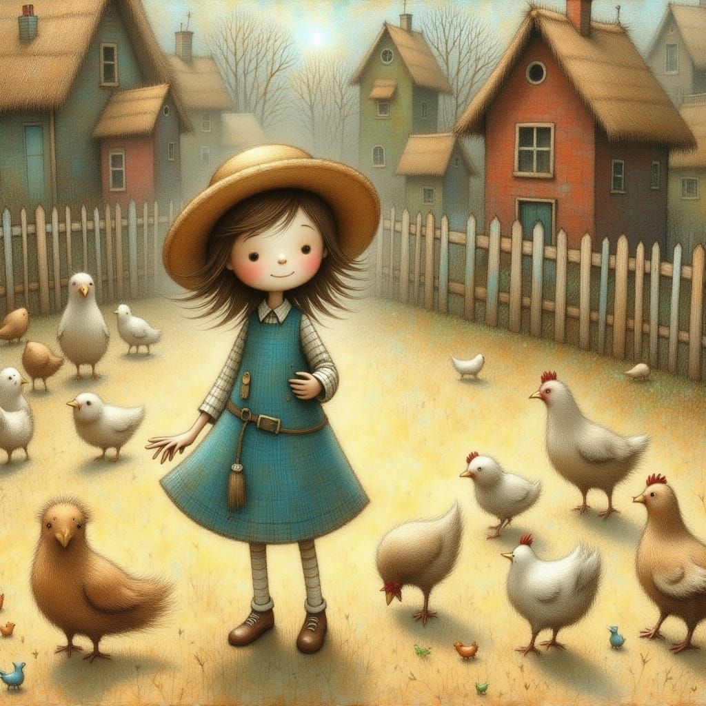 Little Girl Feeding Chickens on a Farm in Impressionist Styl...