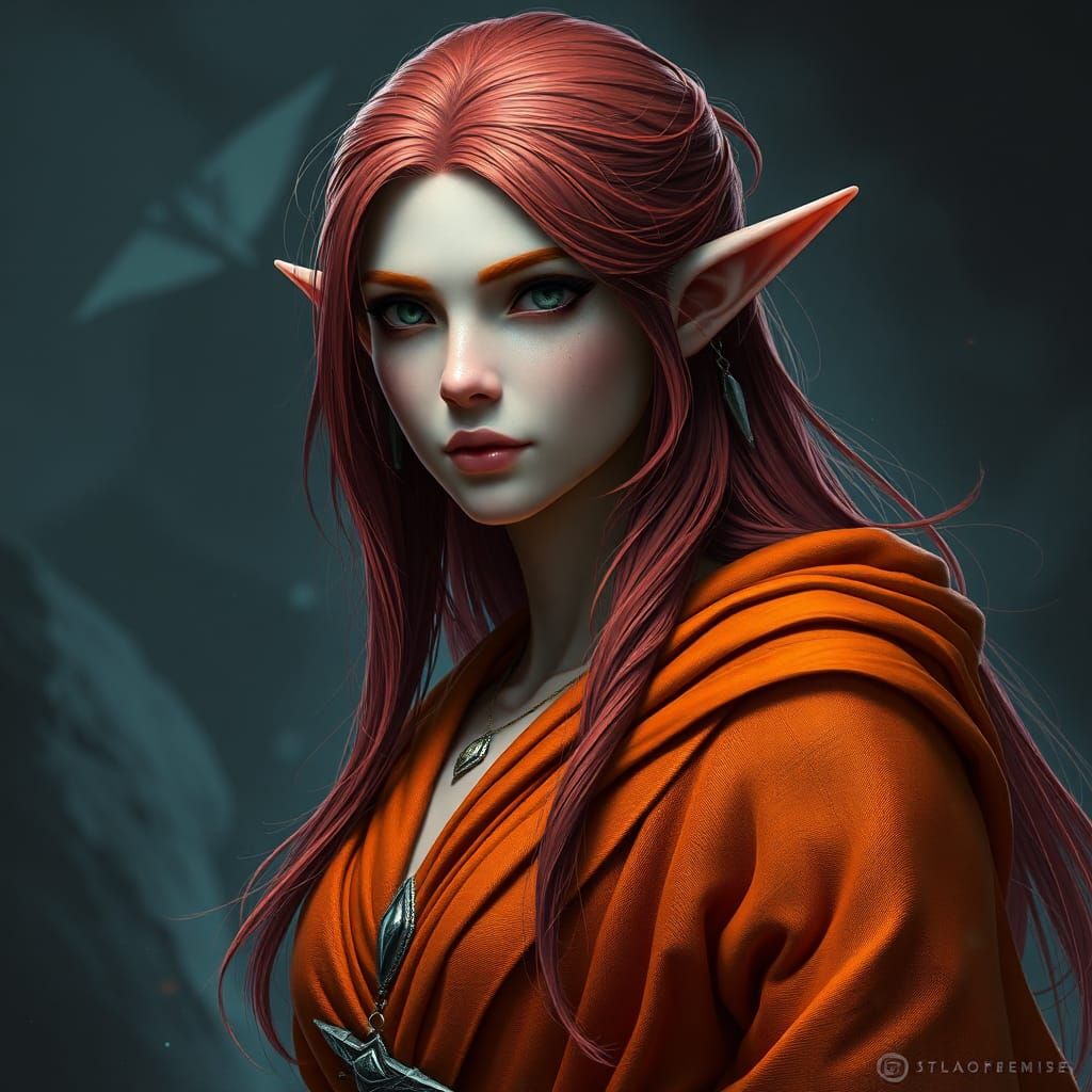 High-Elf Female in Orange Robes: Fantasy Art