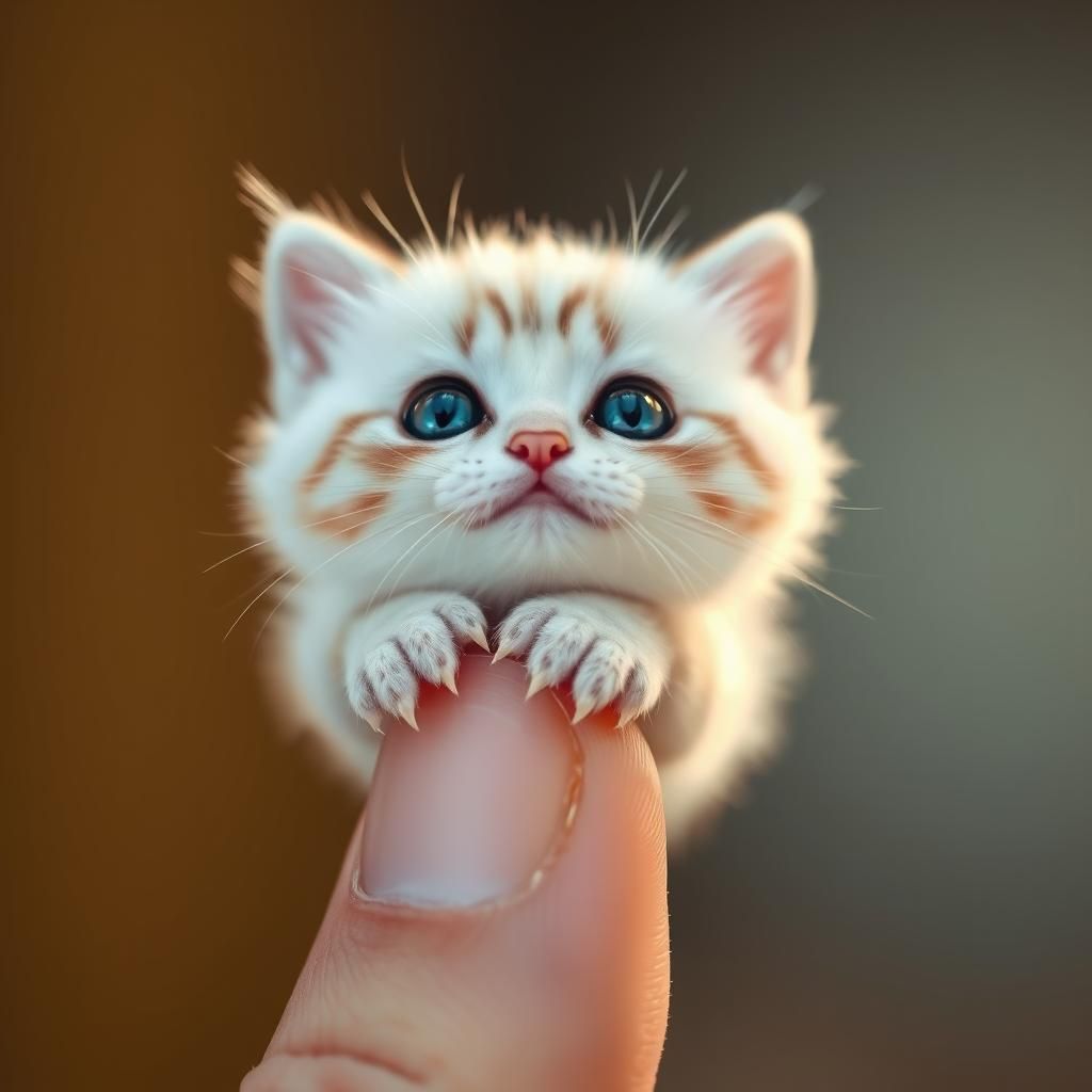Smiling Baby Cat on a Finger, Whimsical Illustration