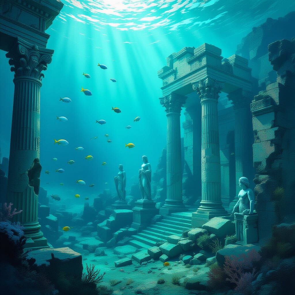 Submerged City Ruins with Exotic Fish, Dreamlike Art