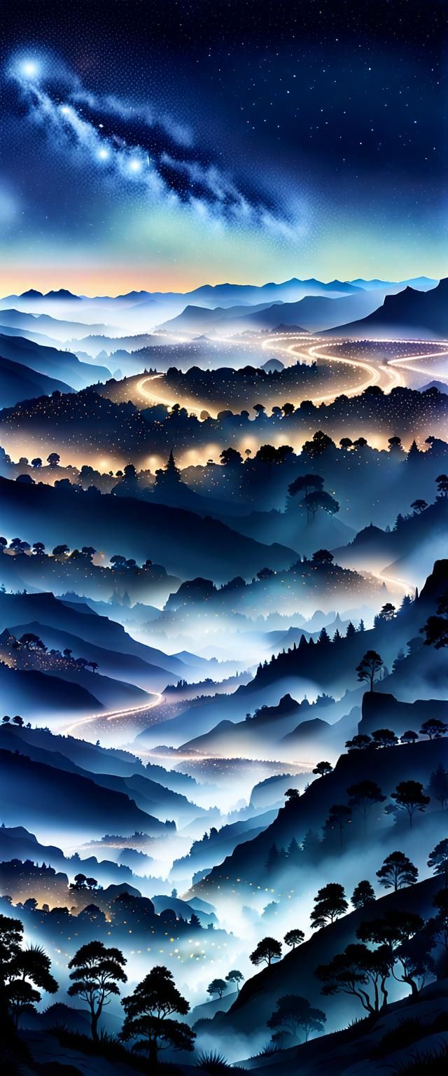 Panoramic City View Under Foggy Starry Sky